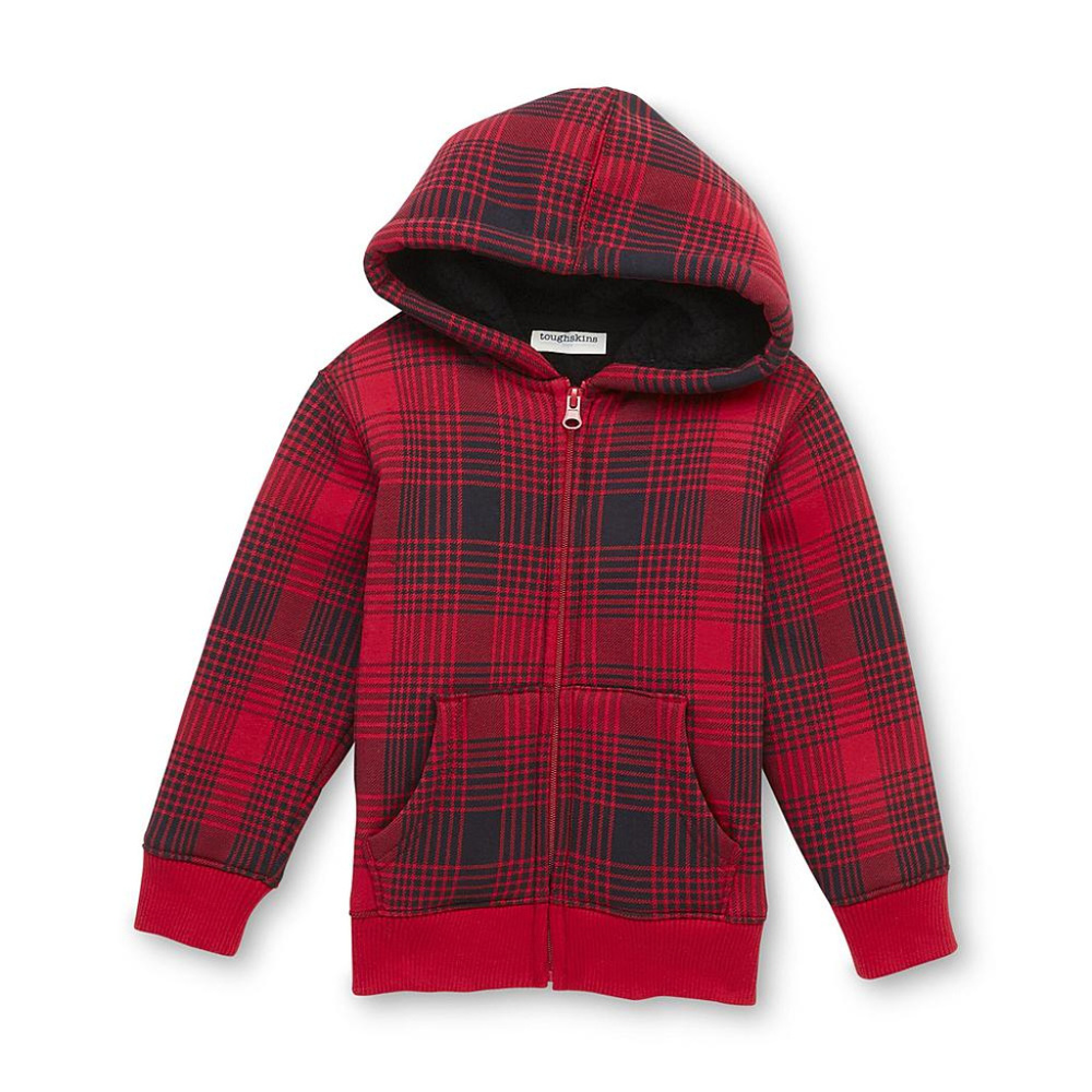Toughskins Boys Sherpa Lined Red Black Plaid Hooded Zip Up Jacket 4 5/6